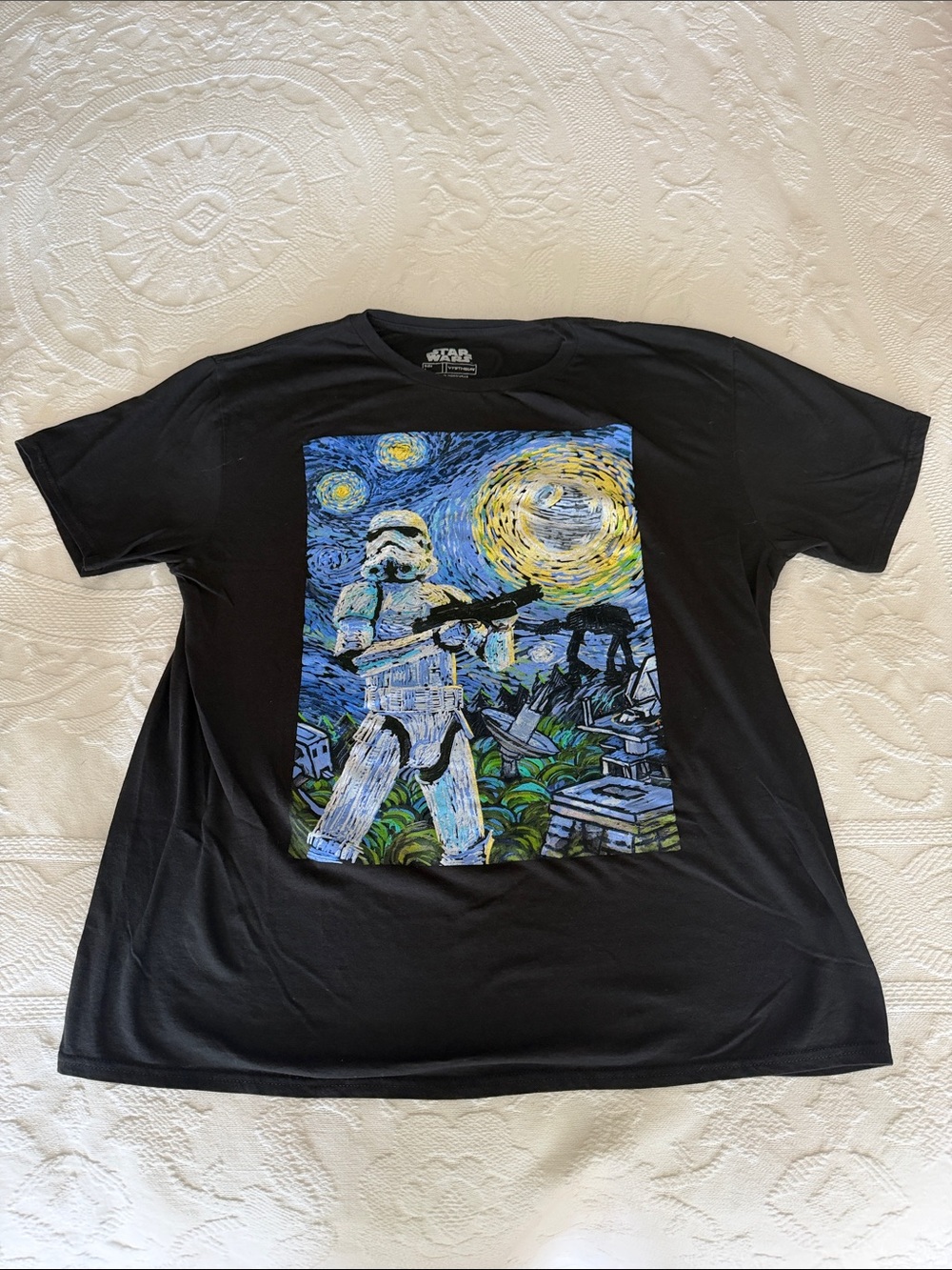 Star Wars Black Tee with Blue, Yellow and Green Van Gogh Stormtrooper Graphic L